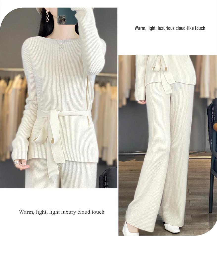 Chic Autumn/Winter Cashmere Two-Piece Set: Women's Loose Knit Sweater & Wide-Leg Tie-Waist Pants