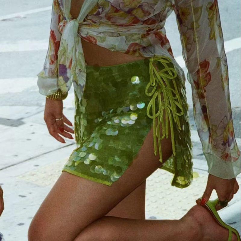 

European and American New Style Sparkling Sequin Short Skirt for Women, Patchwork Bodycon Skirt, High-End Pure Desire Sexy Hot Girl Half Skirt Green L