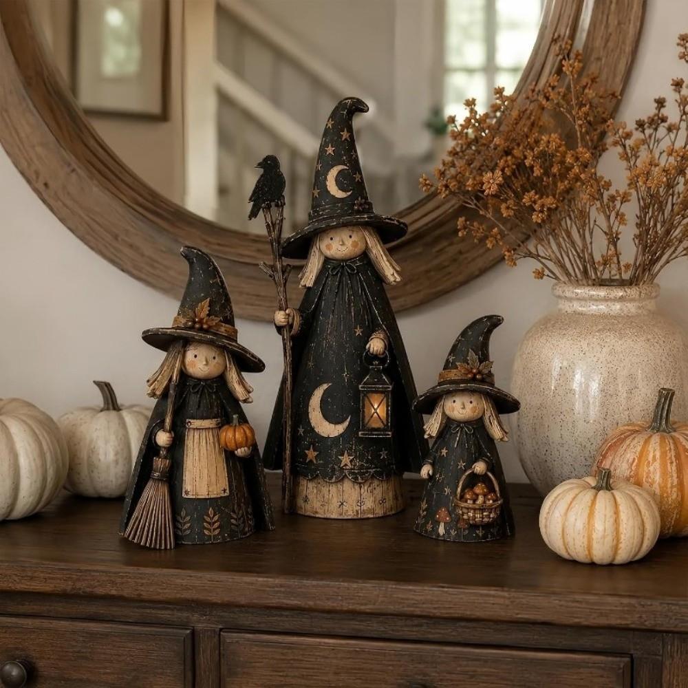 3pcs 2D Flat Crow Witch Statue Set Wooden Desktop Decoration Home Decoration