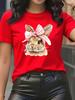 Rabbit and Bow Printed Tshirt Round Neck Short Sleeved Casual Top Round Neck Artistic Casual Trend Daily Womens Top