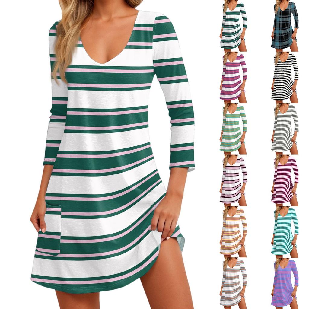 Dámské módní ležérní šaty s výstřihem do V, pruhovaným kostkovaným potiskem a kapsou, s tříčtvrtečním rukávem