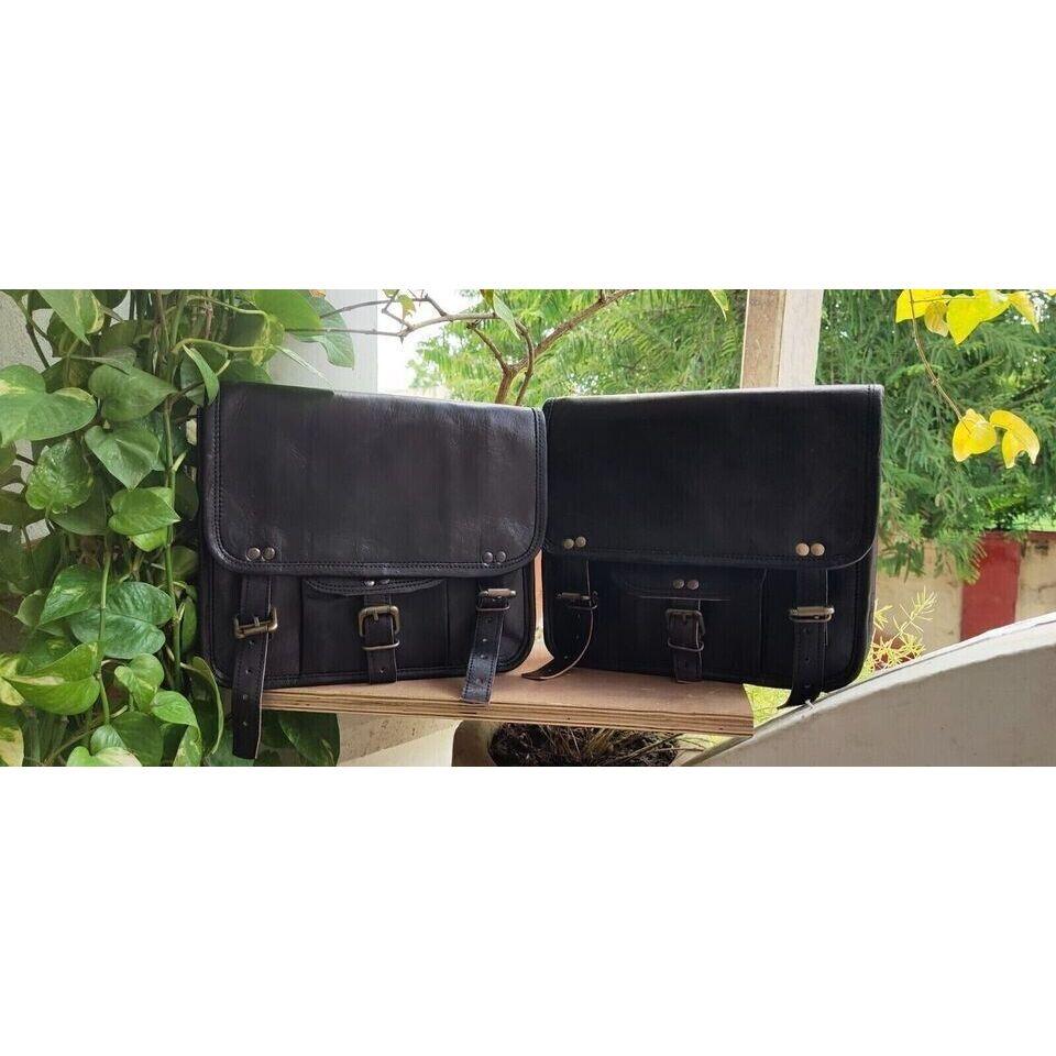 Real Vintage Leather Saddle Bag Motorcycle Left Right Panniers 3Side Bags Black