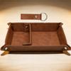 Sectioned Catchall Tray in PU Leather, Snap-Open Storage Design with Stitched Edging and Key Loop for Dresser Use