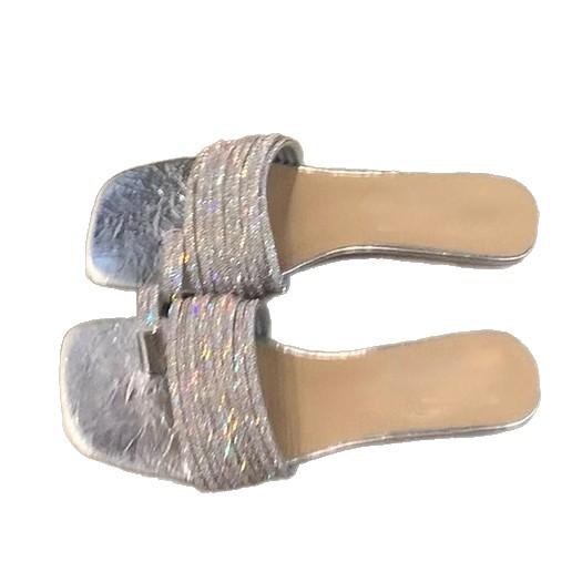 Sheepskin version~ Rhinestone slippers femininity gentle open-toed square head cool slippers high heels