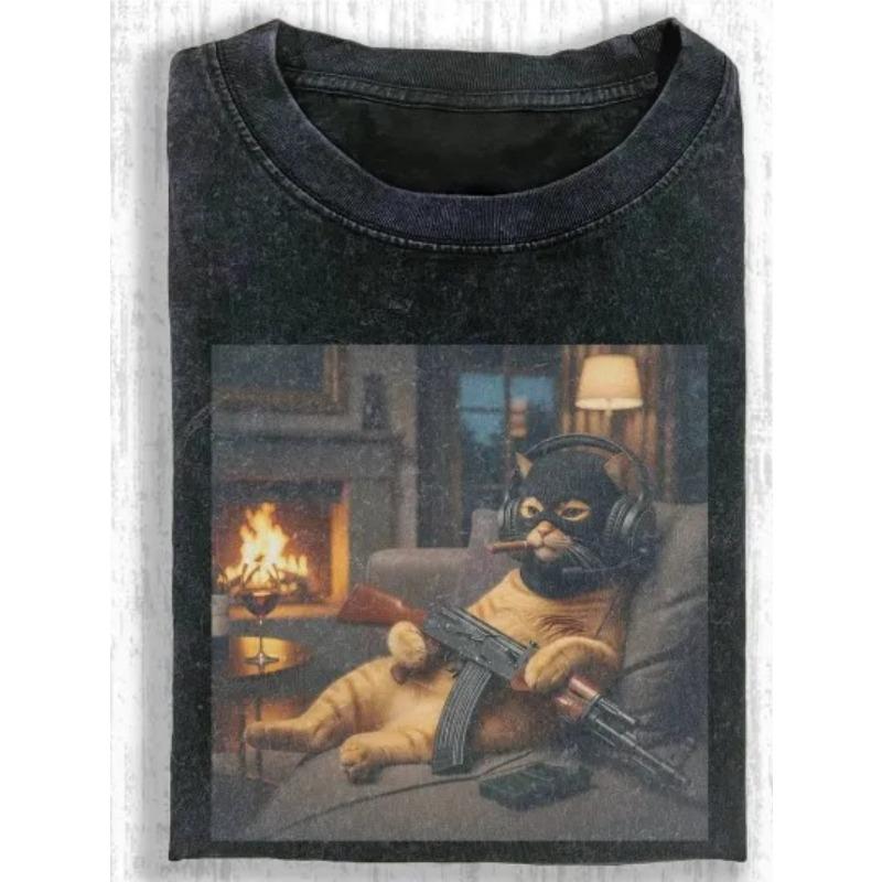 

European sizes Collection of Humorous Retro for cat T-Shirts - Fun Designs, Casual Summer Attire, Ideal Gift for Holidays, Black Color, Short Sleeves 5XL чорний
