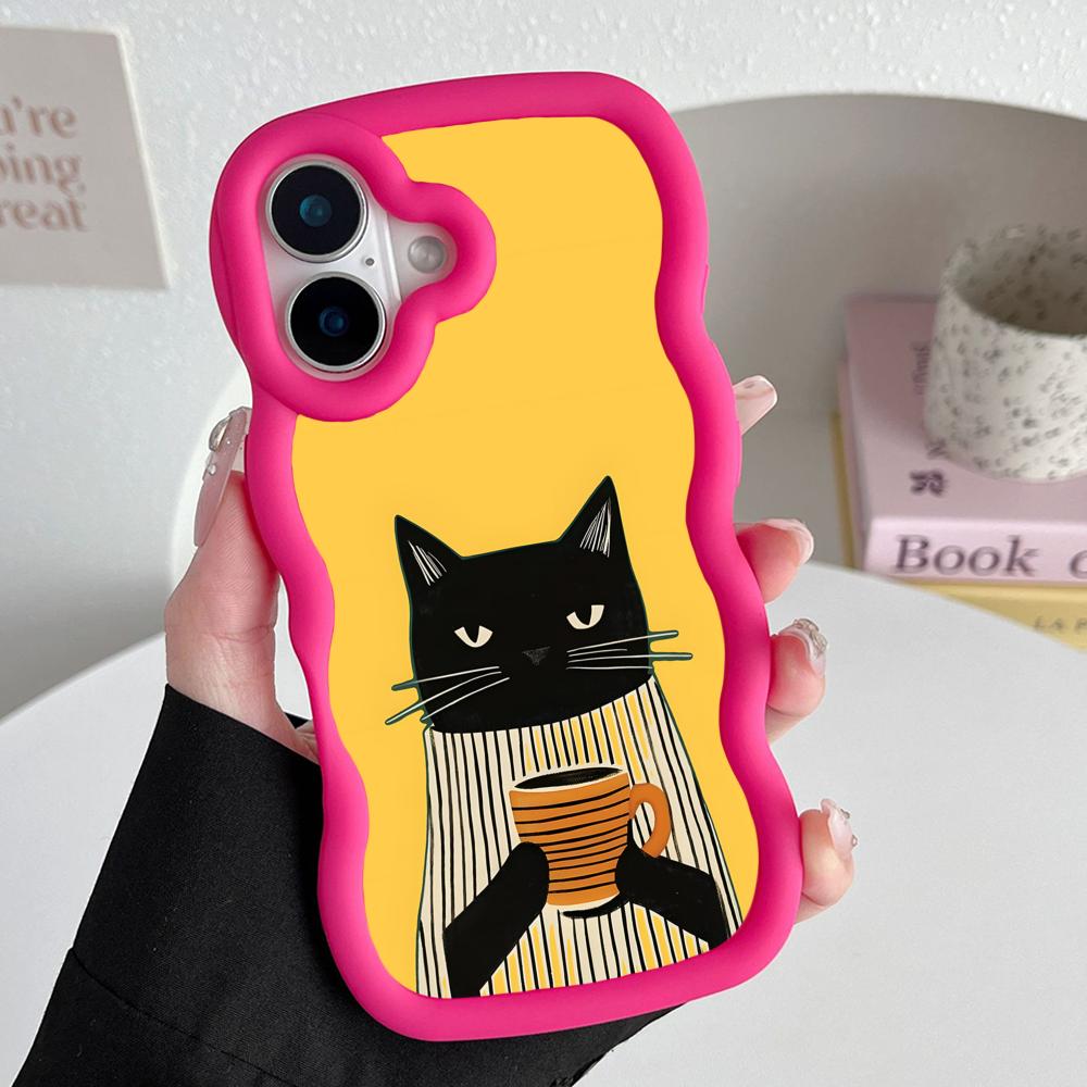Cute Coffee Cat Wavy Edge TPU Mobile Phone Case for iPhone 17 16 15 14 13 12 11 Air Pro Max Plus Colorful Cover