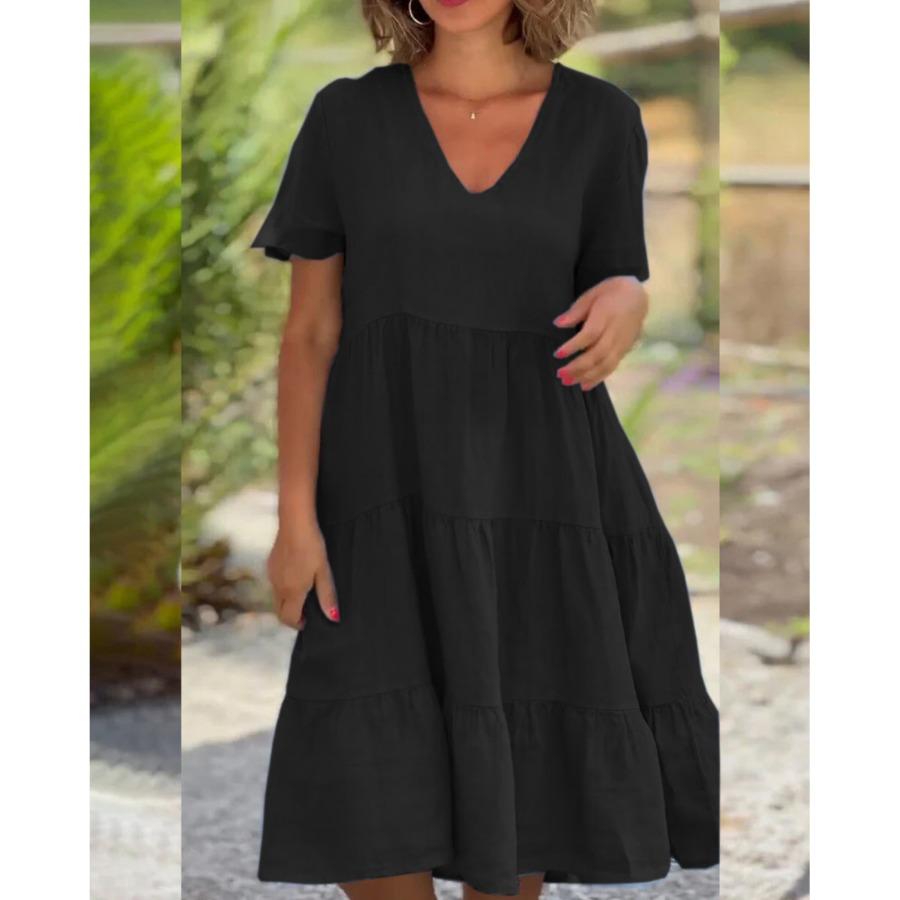 Plus Size Oversized Dresses Summer Women's V-Neck Solid Big Swing Casual Cotton Linen Short Dress