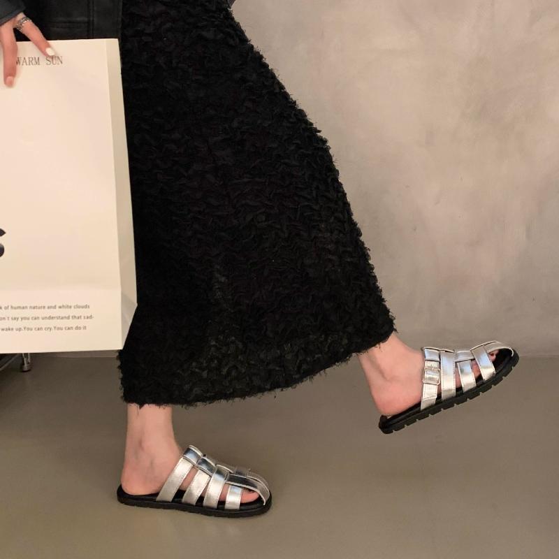 Retro Roman Shoes Women Genuine Leather Mules Round Toe Flat Sandals Buckle Slippers Ladies Fashion Casual Shoes Summer