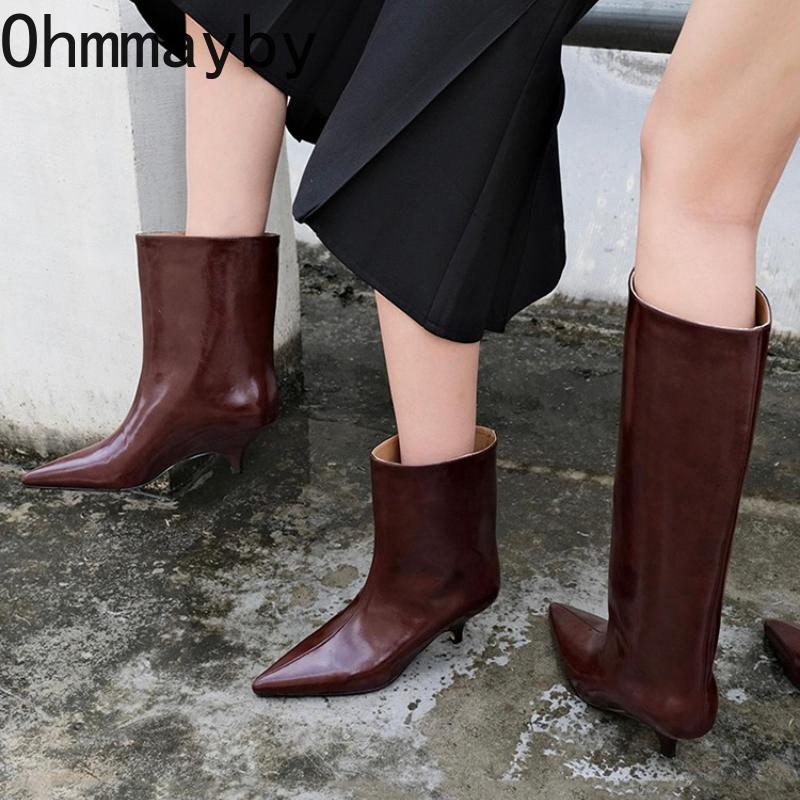 Winter Thin Heels Women Knee-High Boots Fashion Pointed Toe Wedding Party Pumps Shoes Ladies Elegant Slip On Long Booties