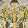 French Court Style Lantern Sleeve Printed Summer Dress - Slim Fit, Waist-Cinching A-Line Skirt