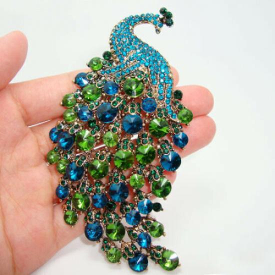 Art Nouveau Peacock Brooch P Vintage Style Green Crystal Rhinestone Pendant
