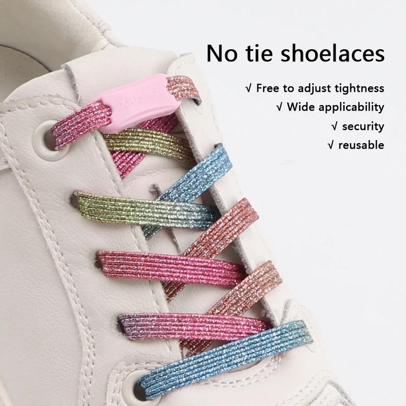1Pair Glitter Shoelace Rainbow Elastic Laces Sneakers No Tie Shoelace Innovation Flat Shoe Laces Without Ties for Kid and Adult
