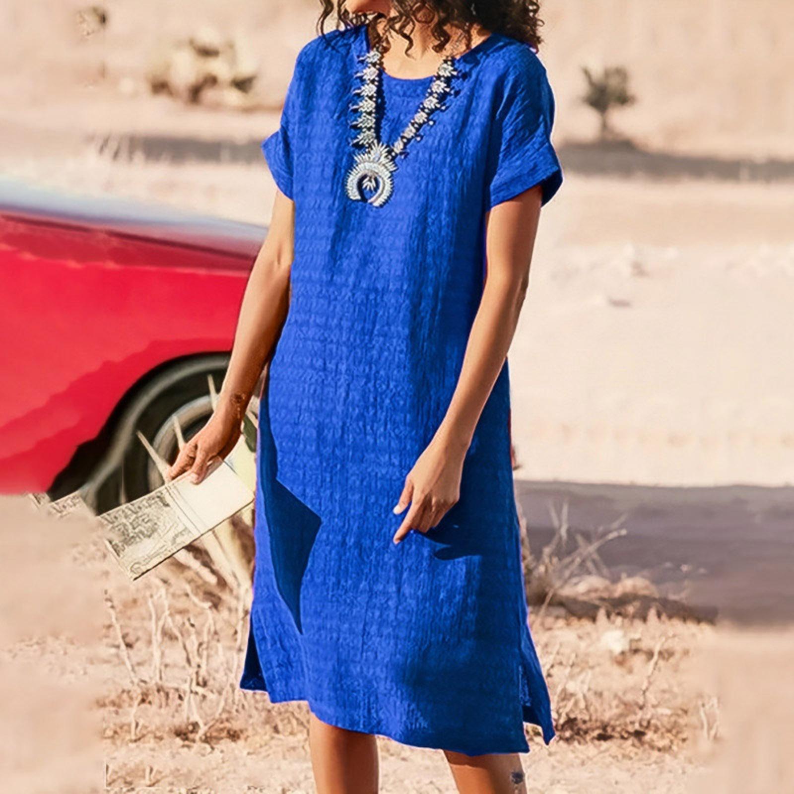 

Women s Round-neck Short-sleeved Frayed Pleated Dress XXL