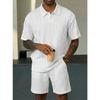 Mens Casual Solid Color Textured Diamond Knit Polo Shirt Shorts 2 Piece Outfit