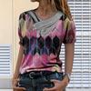 Women Tie-dye Printed Embroidery Collar Splicing Sleeve Pullover Blouse Tops