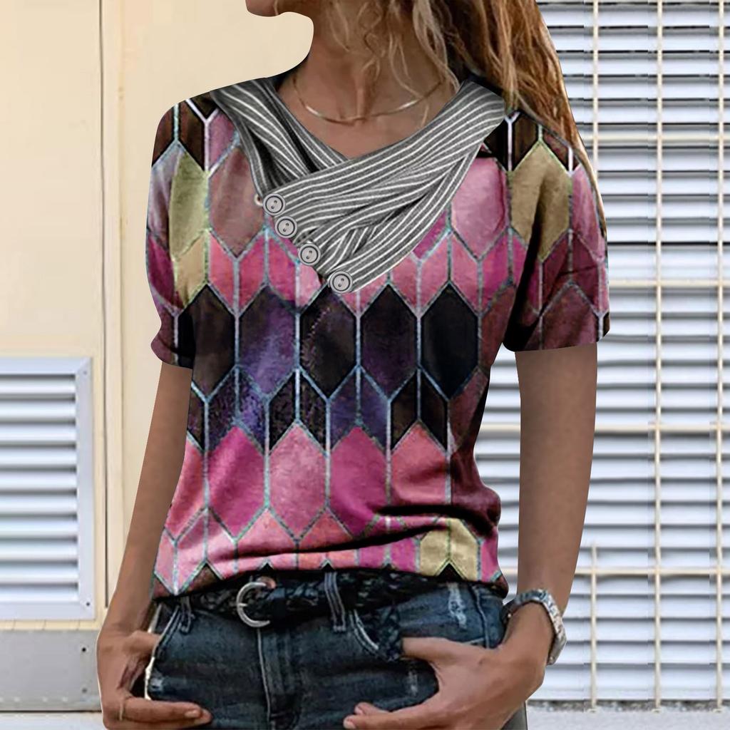 Women Tie-dye Printed Embroidery Collar Splicing Sleeve Pullover Blouse Tops