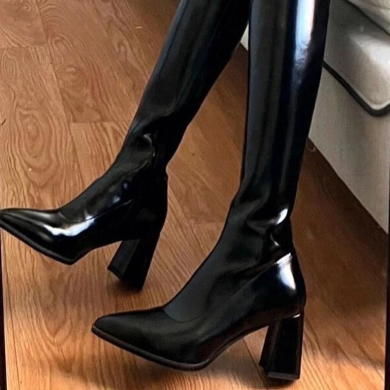 Fashion Winter 2024 Ladies Knee High Shaft Shoes Pointed Toe Solid Color Large Size Warm Footwear Chic and Elegant Pu Women's Long Boots