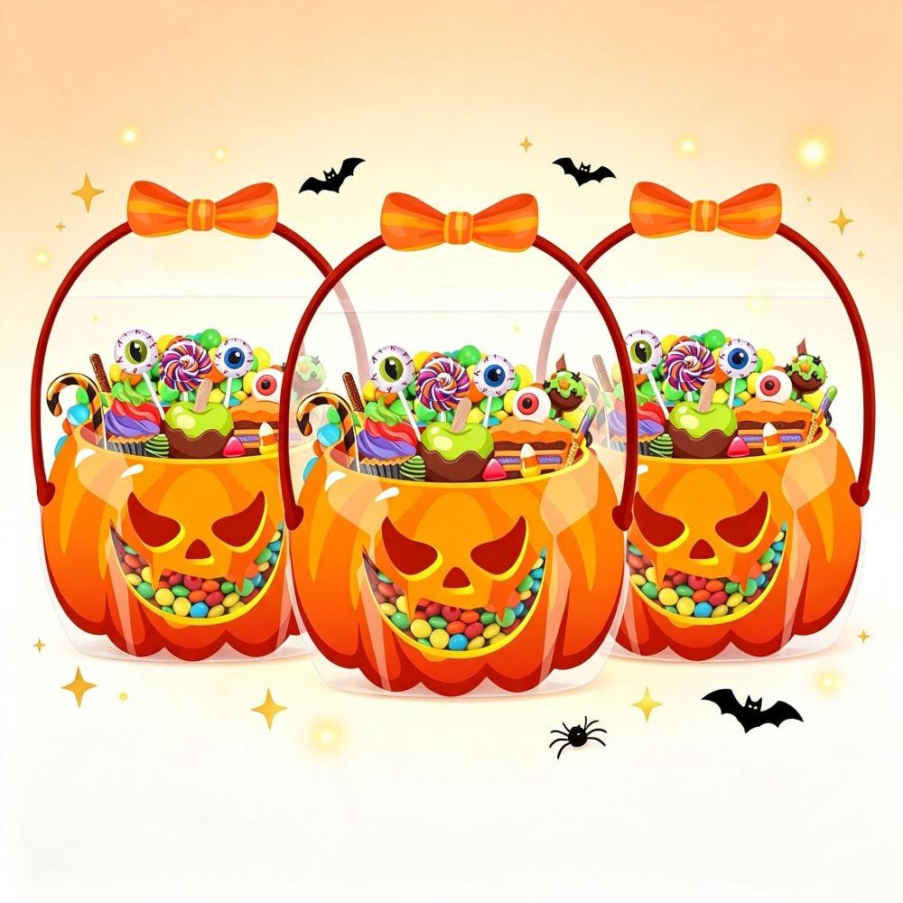 Halloween Pumpkin Candy Bags with Handles Clear Pumpkin Pattern Gift Bags Trick or Treat Bags for Party Candy Cookie Packaging