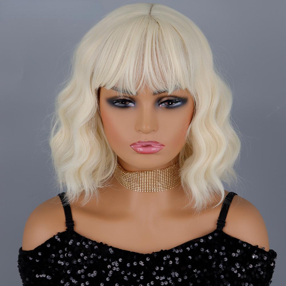 MISSQUEEN Cabelo curto ondulado com franja, cor natural, festa de feriado diária, fibra sintética, feminino