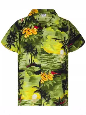 Camisa Havaiana de Praia Manga Curta com Gola Cubana Estampada Digitalmente em 3D com Desenho de Árvore e Frutas