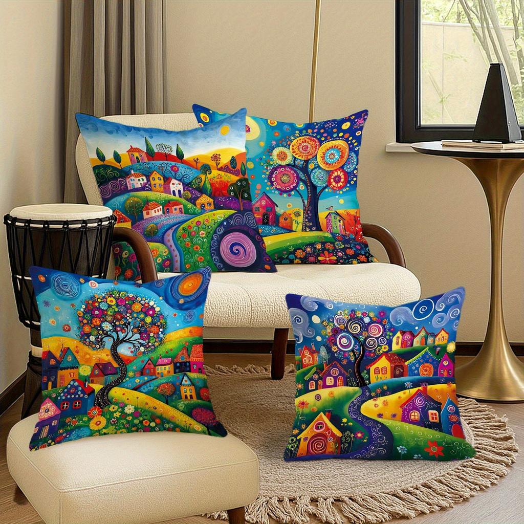 Home Decor Colorful Village And Tree Pattern Pillow Covers Pattern Cushion Cover Suitable For Sofa Bedroom Car Pillow Cover