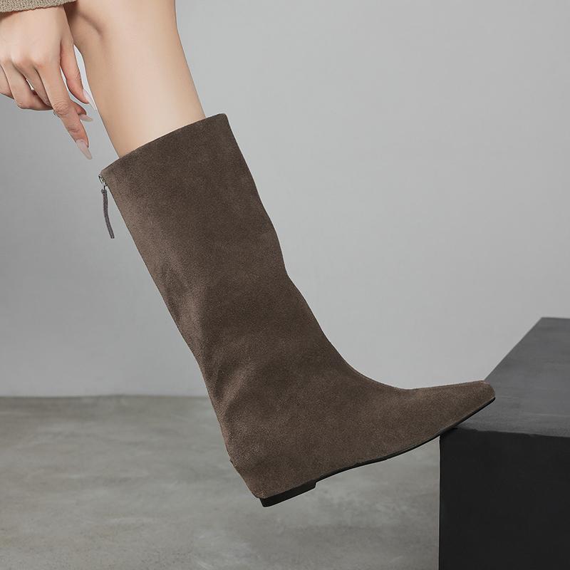 Fashion 2025 New Autumn Knee-high Boots Cow Suede Leather Women Shoes Square Toe Slip-on Western Modern Boots Height Increase Long Boots