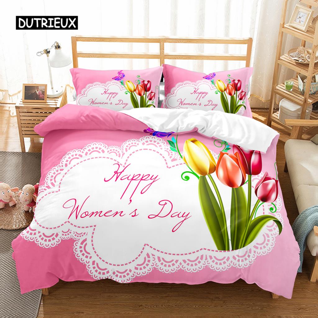 Romantisches Blumendesign Bettbezug-Set Alles Gute zum Frauentag Bettwäsche-Set Polyester 8. März Bettdeckenbezug Einzel- King-Size Für Mutter Geschenk