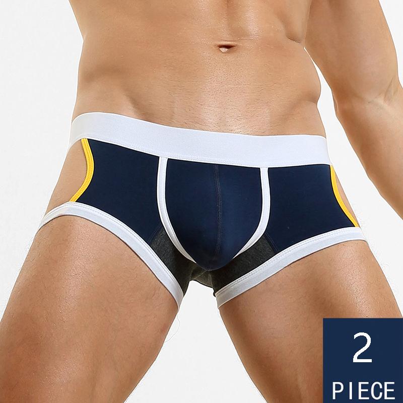 2Pcs/Lot Men's Sexy Low-Rise Boxer Briefs Hollow Sides & Back Butt Cutout Underwear Breathable Cotton Boxers