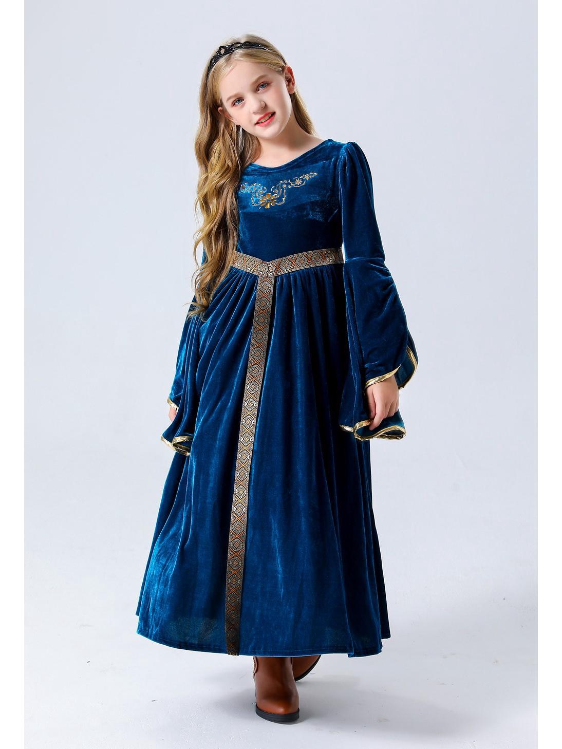 

European & American Retro Court Ball Gown: Suede Flared Sleeve Theatrical Performance Dress for Girls 130 cm синий