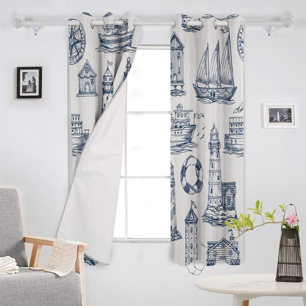 Nautischer Anker Schiff Leuchtturm Wal Kunst Verdunkelungsvorhänge für Wohnzimmer Schlafzimmer Bedruckte Fensterbehandlung Vorhänge Heimdeko
