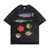Vintage Washed Psychedelic Fish T-Shirt Colorful Artistic Graphic Tee Oversized Streetwear Hip Hop Casual Acid Wash Gray Top Men Daily Wear Cool Top