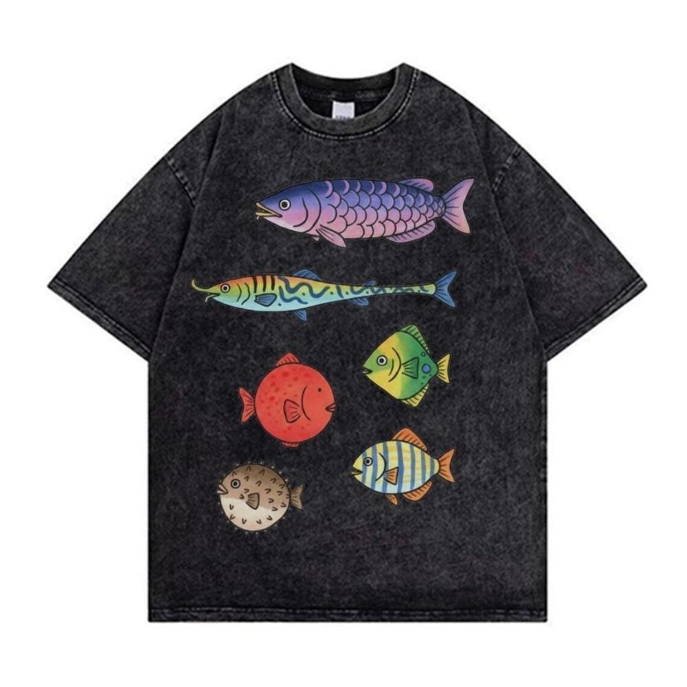 Vintage Washed Psychedelic Fish T-Shirt Colorful Artistic Graphic Tee Oversized Streetwear Hip Hop Casual Acid Wash Gray Top Men Daily Wear Cool Top