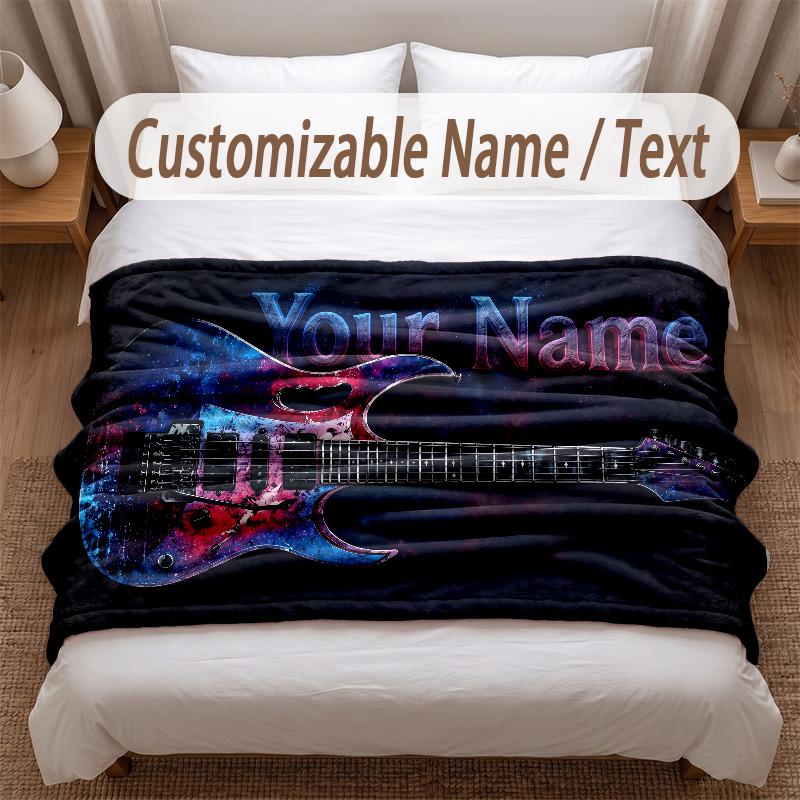 Music Guitar Theme Soft Blanket Personalized Custom Name Text Print Warm Blanket Home Sofa Bedroom Decor