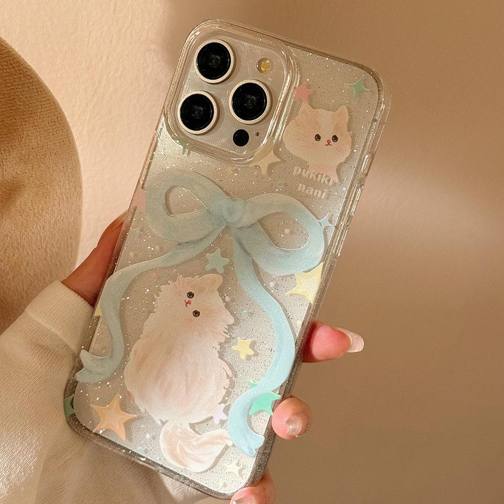 

Glitter Phone Case Suitable for Apple 15promax Bow Cat 16 Fairy Style Iphone14 Soft 11 Lanyard 12pro max(6.7)