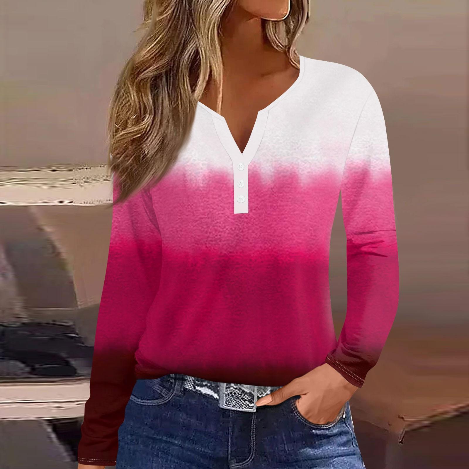 Women s Fashion Casual V-Neck Gradient Long Sleeve Decorative Button T-Shirt Top XXXL