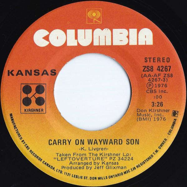 7inch Record KANSAS  Carry On Wayward Son  Questions Of ZS84267 COLUMBIA KIRSH 1976 Canada Rock Used