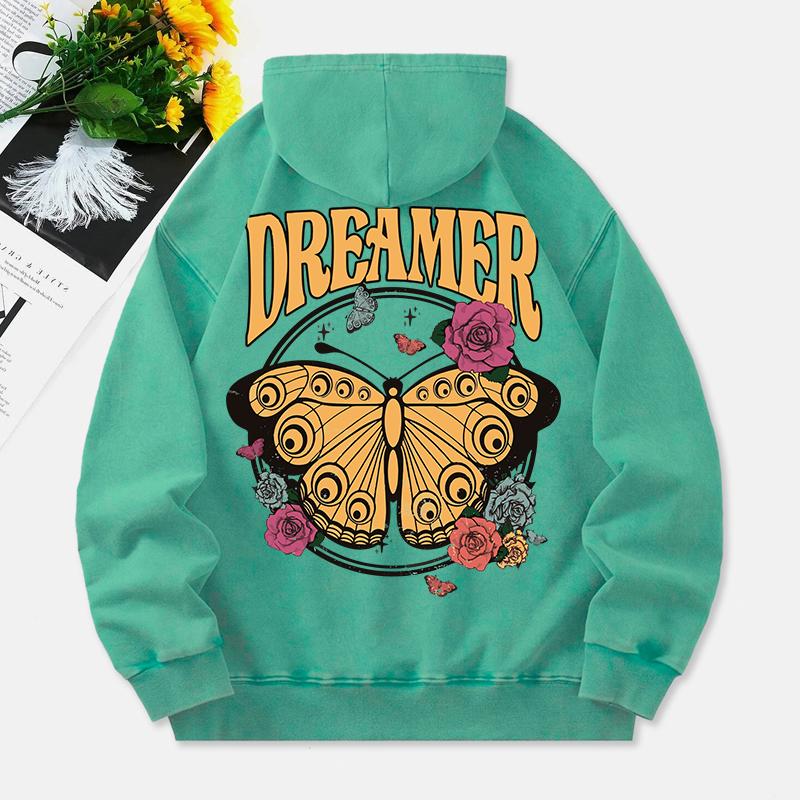 Vintage Butterfly Washed Hoodie Womens Dreamer Letter Cotton Sweatshirt Long Sleeves Pocket Oversize Hoody Clothes