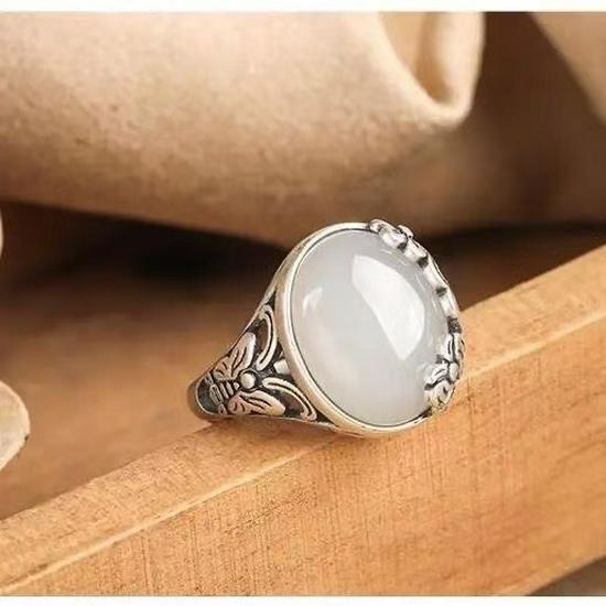 Retro Silver Butterfly & Flower Ring for Women - Hetian Jade Inspired Luxury Open Index Finger Design