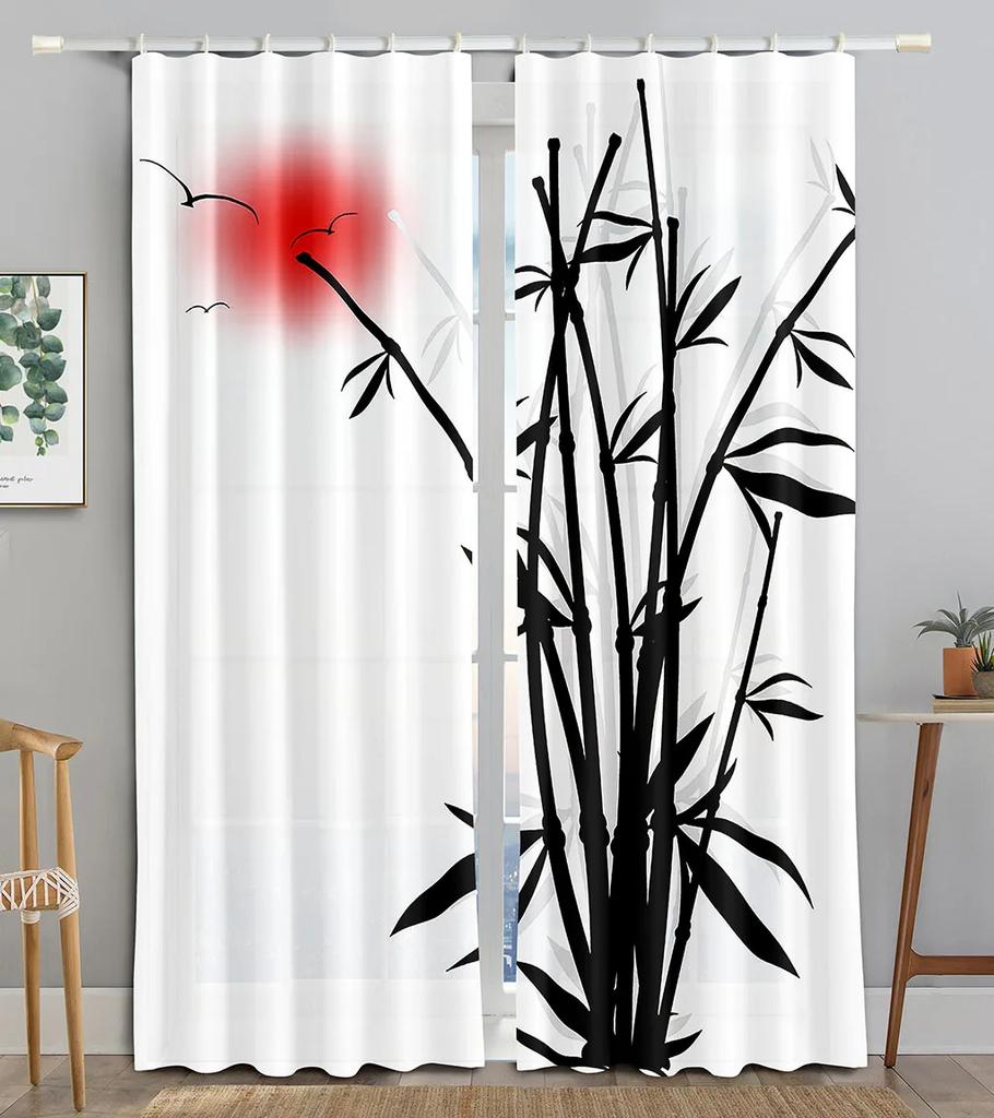 Bamboo Ink Red Sun Pattern High Shading Curtains Different Styles of Bamboo Style Drape Clackout Living Room Bedroom Curtain