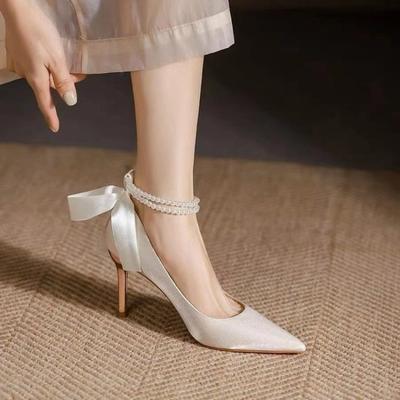 Damen Weiße Stiletto Hochzeitsschuhe Schleife Elegant Mode Spitz Designer High Heels Damen Hohe Qualität Bankett High Heels Tacones