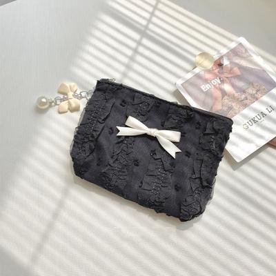 Sac de rangement mignon à nœud pour filles Petite maroquinerie unie et douce pour pièces de monnaie Grande capacité Sac pour rouge à lèvres et écouteurs Sac pochette en dentelle