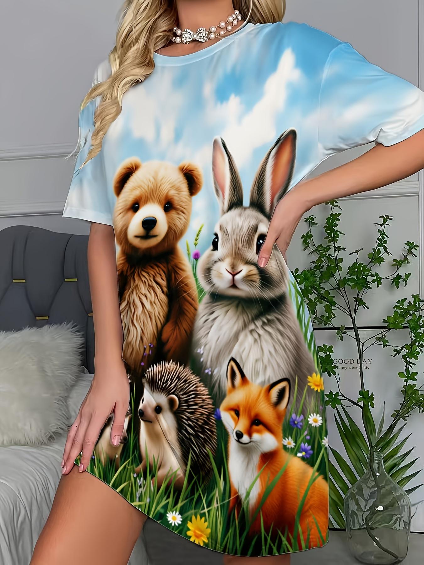 

Ladies Cute Forest Party Bear And Rabbit Print T-Shirt Dress M дубильная кора