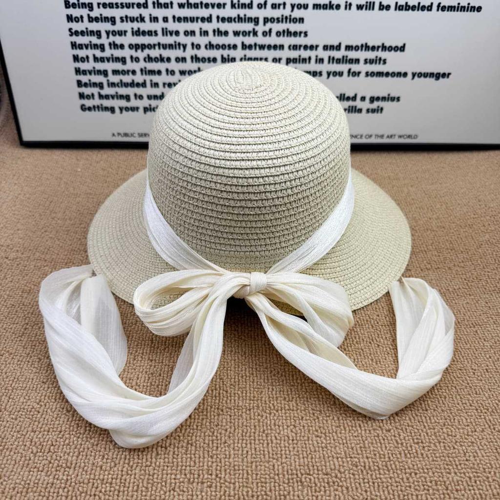 Hepburn style retro straw woven big brim sun hat women's chiffon streamer sunscreen hat travel photo show face small sun hat