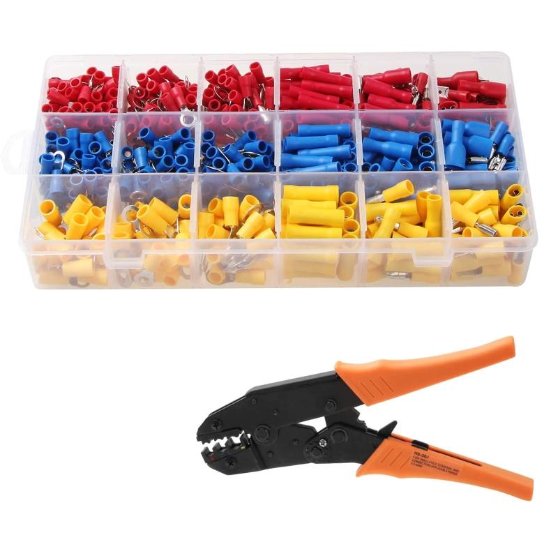 Wire Terminals Crimping Tool Insulated Ratcheting Terminals Crimper Kit of AWG22-10 with 700PCS Insulated Butt Bullet