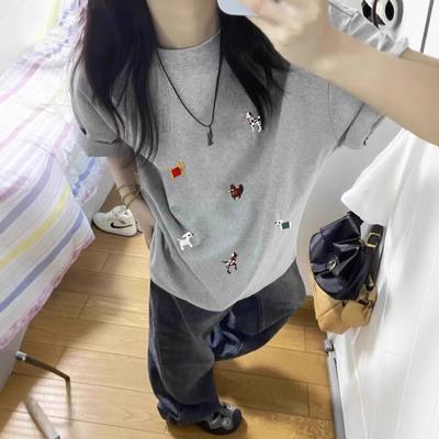 Pure Cotton Cartoon Short-sleeved T-shirt Women's New Summer Loose Front Shoulder Design Sense Niche American Half-sleeved Top