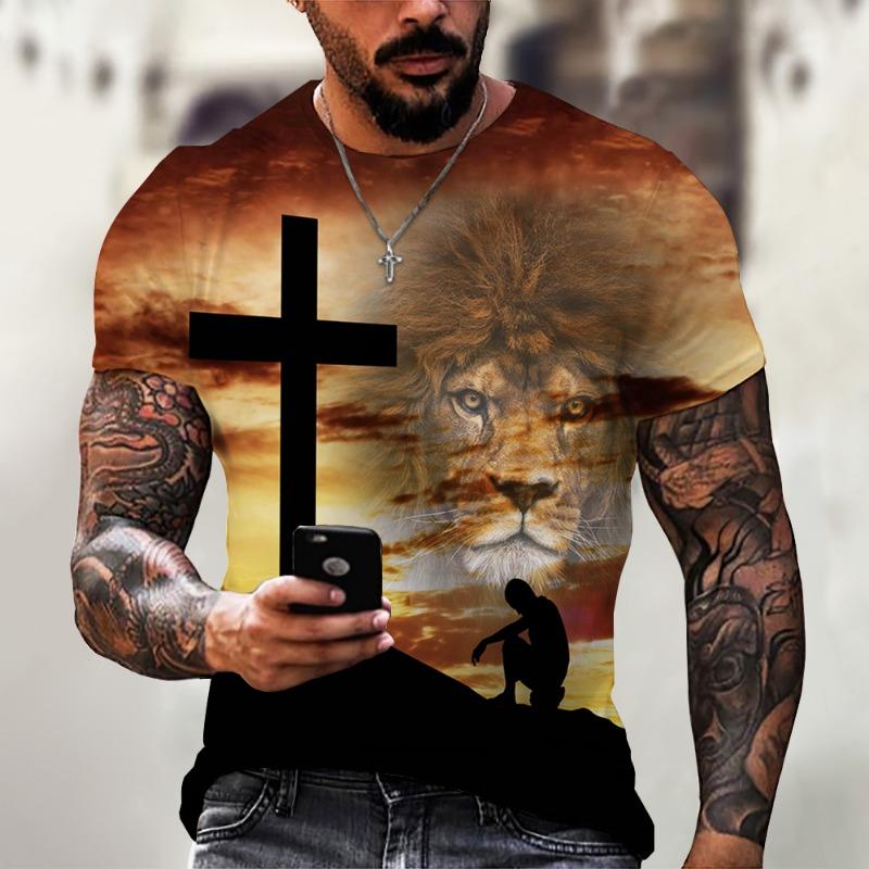 Jesus Pattern Lion 3D Printed Summer Men's O-Neck