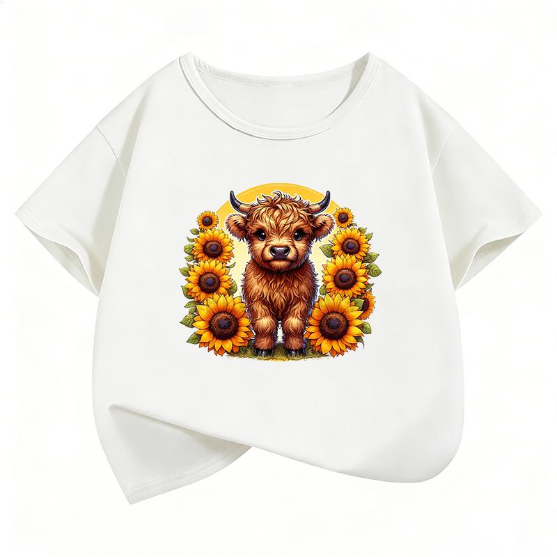 Fashion Cow with Flower Design TShirt Printed T Shirt Girls Summer Clothes Short Sleeve Tops TShirts Cute Boys Clothing