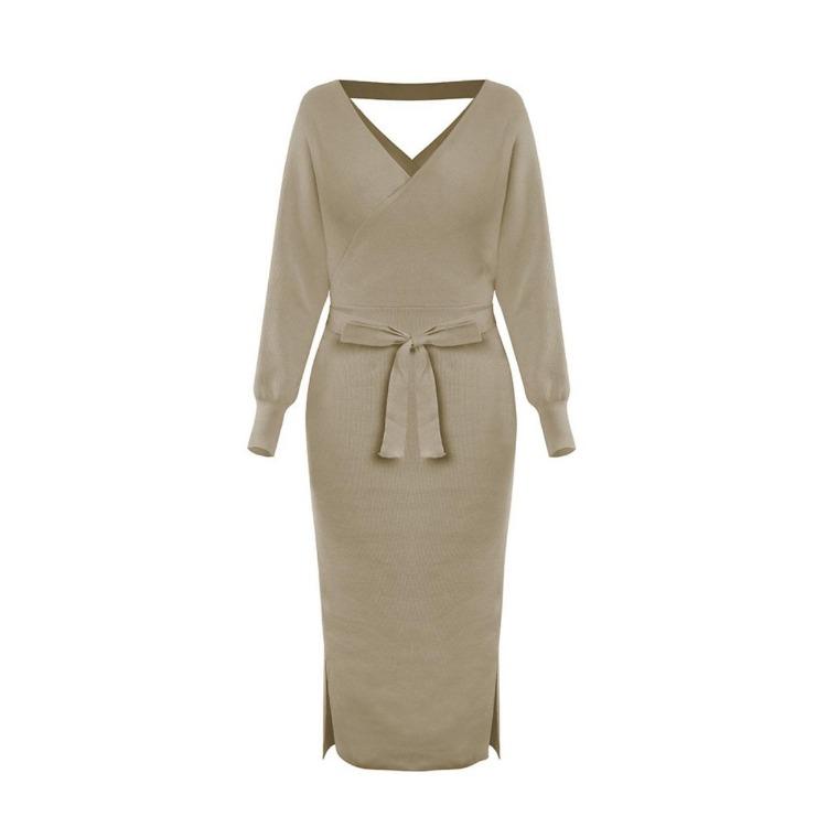 Autumn Winter Women Fashion V Neck Slim Knitted Sweater Dress New Arrival S/M хаки