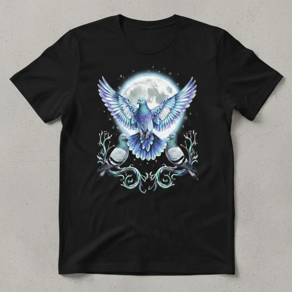 Retro Pigeon Moon T Shirt Bird Watching Lovers Vintage Washed Unisex Casual Graphic Streetwear Designer Clothes Versatile