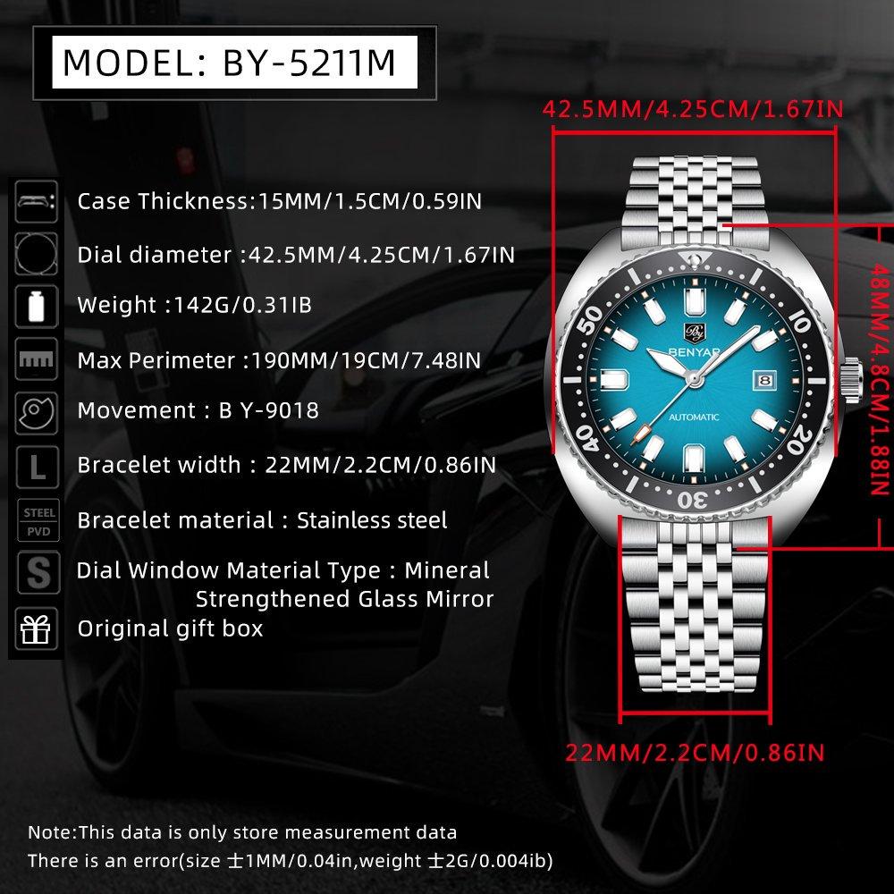 BENYAR BY-5211 New Luxury Men's Watch 42mm Luminescent Dial 50m Water Resistant Automatic Mechanical Watch Clock Reloj Hombre